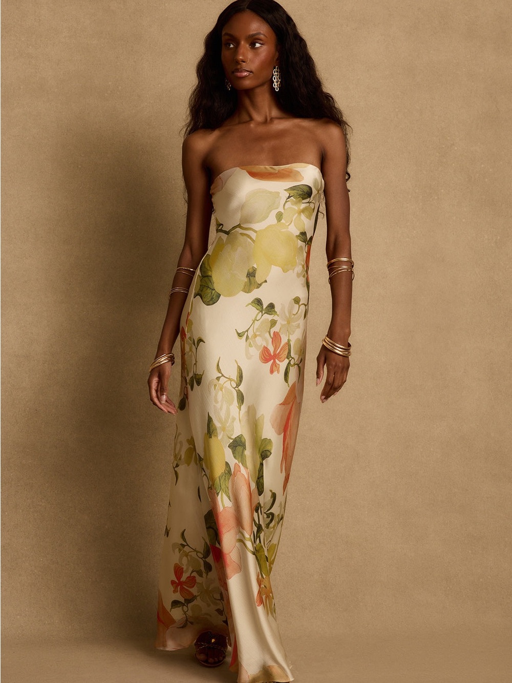 12th Tribe Camille Floral Strapless Maxi Dress in Cream, Green and Orange - Picture 2 of 4